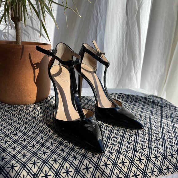 Vince Camuto Patent Leather T-Strap Stilettos in Black - Picture 1 of 5